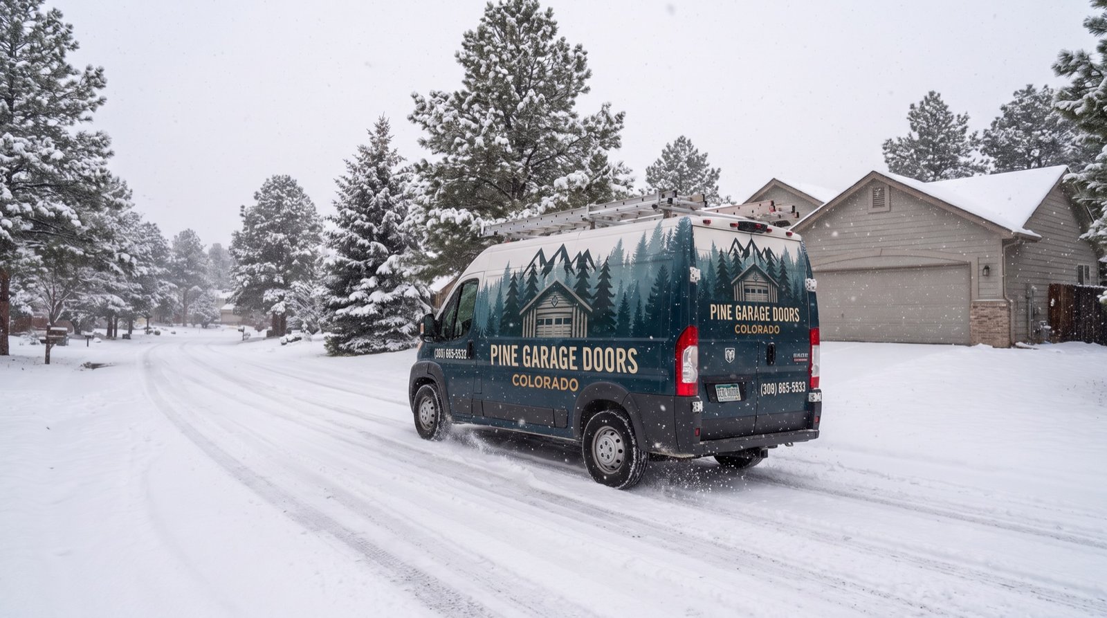 Pine Garage Doors Colorado service van driving through a snowy neighborhood
