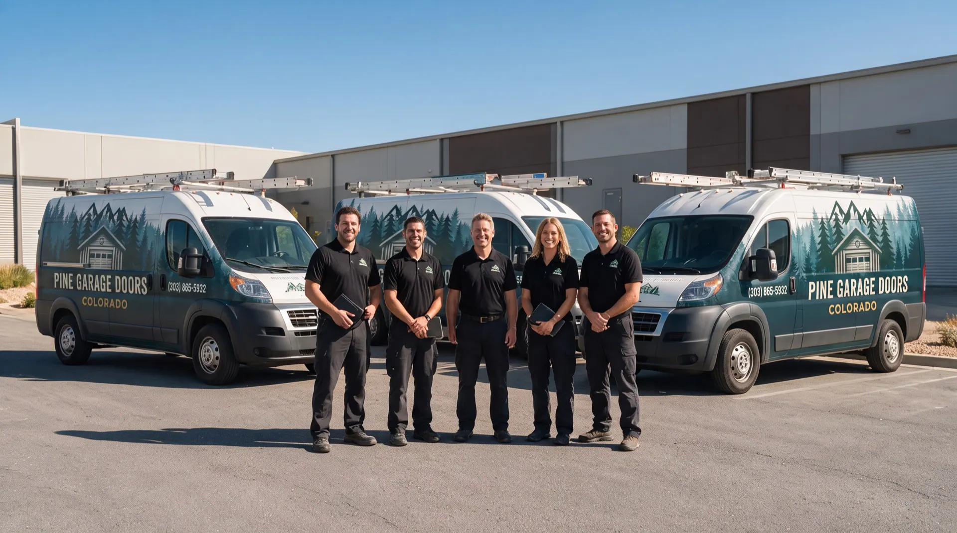 Pine Garage Doors service team with branded Colorado work vans